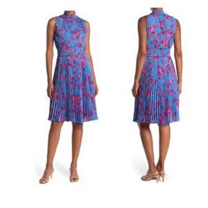 Nanette Lepore Size 6 Pleated Blue Pink Floral Print Dress Knee Length EUC